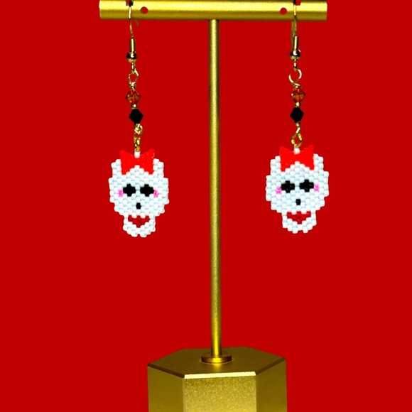 Whimsical Hand Crafted Beaded Skull Earrings with Orange Bow & Crystal - Picture 4 of 4